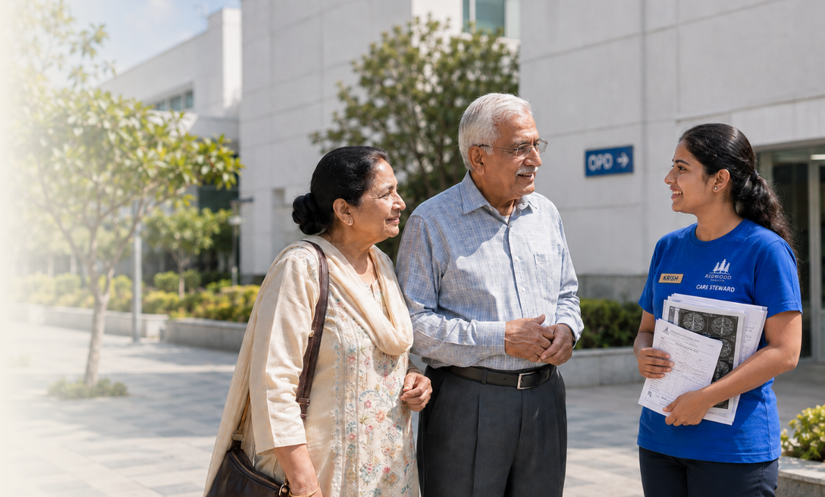 A Redwood Care Steward accompanying a couple for a hospital visit